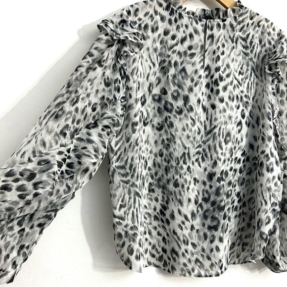 Ann Taylor snow leopard ruffled sleeve mock neck top white black casual size XL - Picture 14 of 16